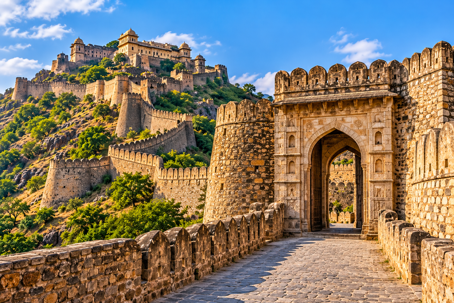 Main gate of Kumbhalgarh Fort, a sightseeing stop on the Udaipur to Jodhpur road trip