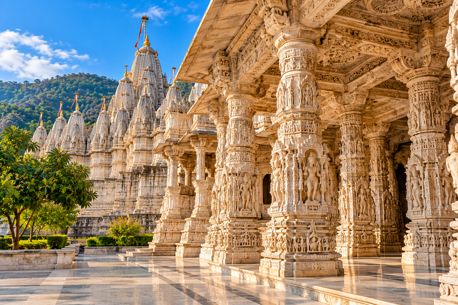 Carved marble pillars inside Ranakpur Jain Temple