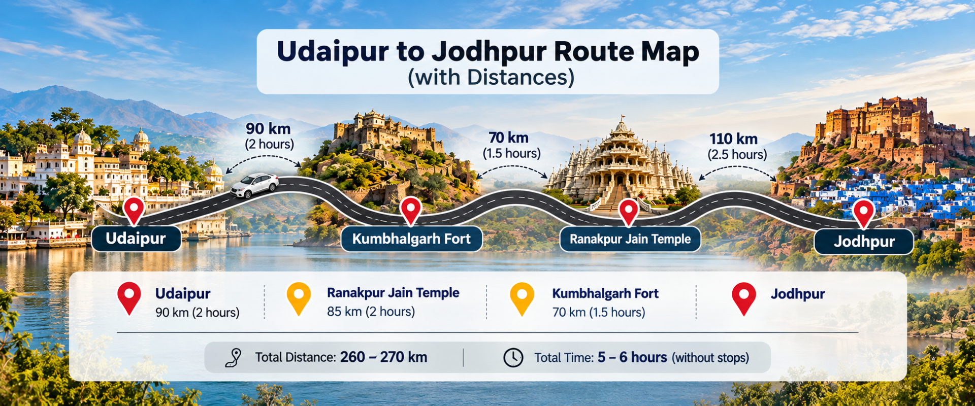 Udaipur to Jodhpur route map showing distances via Kumbhalgarh and Ranakpur